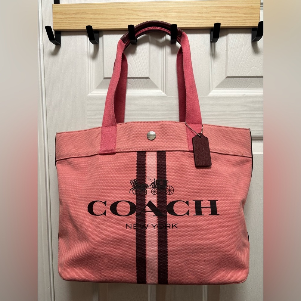 Coach A2047-391 Horse & Carriage Bordeaux Stripe & Pink Large Canvas Tote BNOT